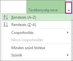 A Tevékenység neve menü képe a Rendezés (A–Z) paranccsal