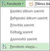 A Nézet lapon található Rendezés menü képe