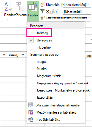 A Költség táblázat a Táblázatok menüben