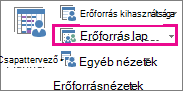 Az Erőforrás lap gomb a Nézet lapon