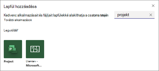 Képernyőkép a Lap hozzáadása párbeszédpanelről és a projekt kifejezés keresési eredményeiről