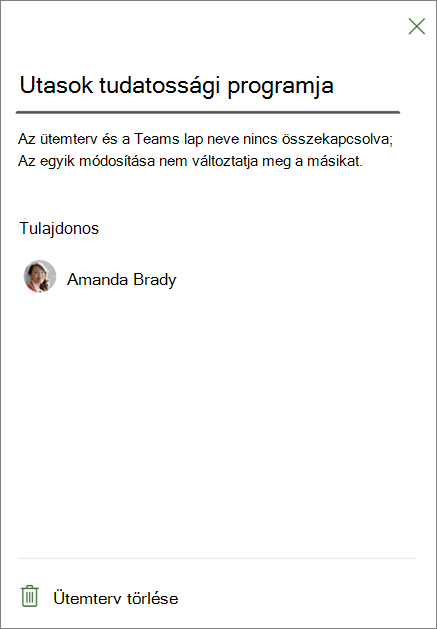 Képernyőkép az Ütemterv lap beállításairól, alul az Ütemterv törlése elemmel