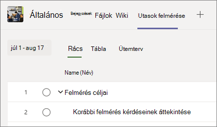 Képernyőkép a Projekt lapról a többi Teams-csatorna lapja mellett