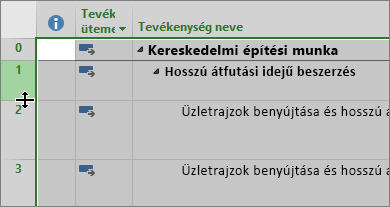 Képernyőkép a Gantt-diagram nézetről, amelyben a kurzor a sorelválasztó fölé mutat