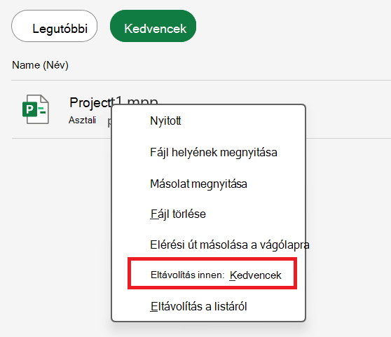 Képernyőkép az Eltávolítás a kedvencek közül lehetőségről