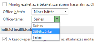 Az Office-téma lehúzható menü, a Színes, a Sötétszürke és a Fehér téma