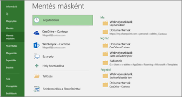Mentés másként lap, amelyen a Legutóbbi elem van kijelölve