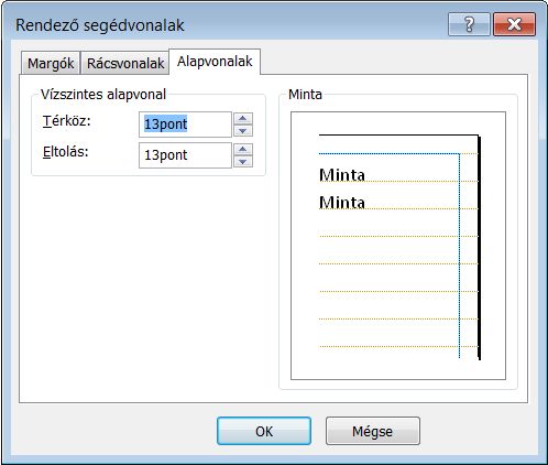 Rendező segédvonalak párbeszédpanel a Publisher alkalmazásban – az Alapvonalak lap megjelenítése