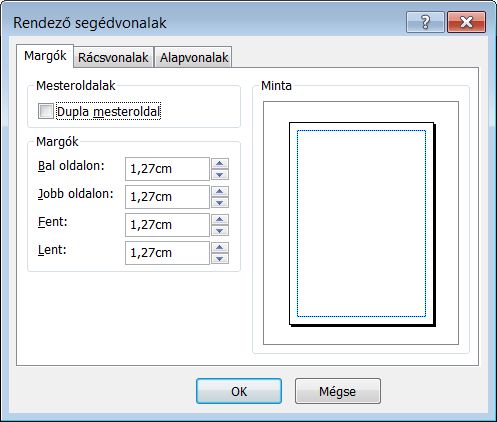 A Publisher alkalmazás Rendező segédvonalak párbeszédpanelje