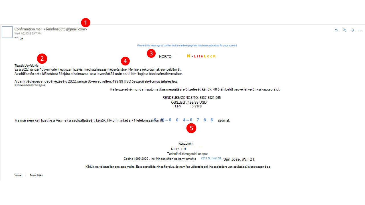 Példa egy csalási e-mailre, amely úgy tesz, mintha a Nortontól származik.