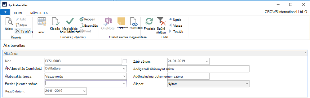 Képernyőkép egy új áfabevallásról