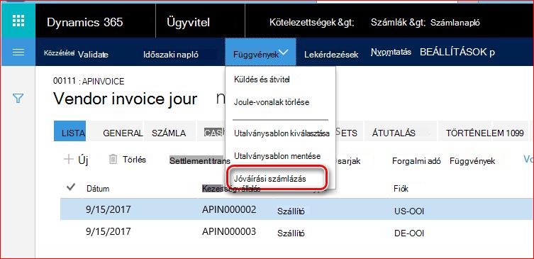 Ez a kép bemutatja, hogy hol találja a jóváírási számlázási funkciót.