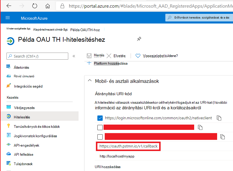 Az alkalmazás érvényes visszahívási URI-ja