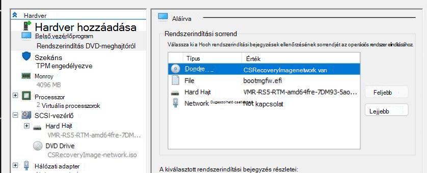 Képernyőkép egy Hyper-V virtuális gép (VM) beállításairól a kiemelt Firmware szakasszal, amelyen a rendszerindítási sorrend tetején a DVD-meghajtó bejegyzés látható.