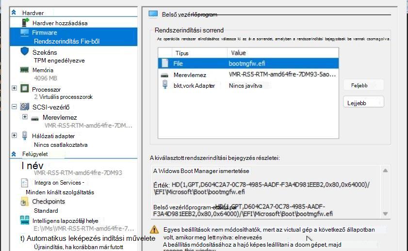 Képernyőkép egy Hyper-V virtuális gép (VM) beállításairól, amelyben a belső vezérlőprogram szakasz ki van emelve, az eredeti rendszerindítási sorrenddel.
