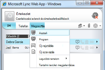 A Lync Web App Megosztás menüje