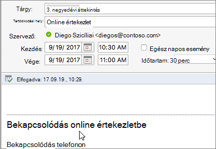 Képernyőkép egy értekezleti párbeszédpanelről, melyen látható a Bekapcsolódás online értekezletbe hivatkozása.