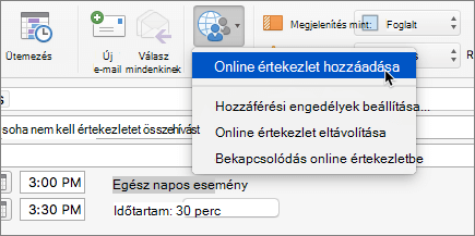 Értekezlet-összehívás képernyőképe, a menüszalagon az Online értekezlet hozzáadása elem kijelölve.