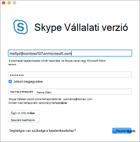 Mac Skype Vállalati verzió bejelentkezési képernyője
