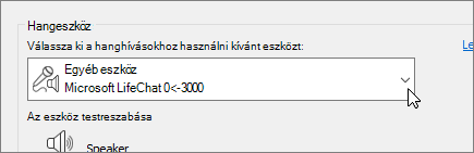 Képernyőkép a hangeszköz legördülő menüjéről a Hangeszköz beállításai párbeszédpanelen.
