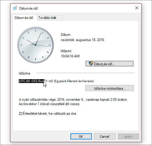 Képernyőkép a Windows 10 Dátum és idő menüjéről.