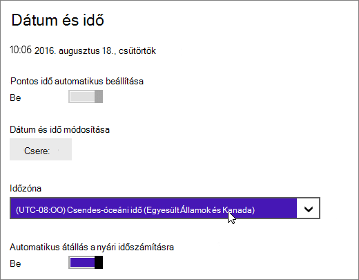 Képernyőkép a Windows 8 Dátum és idő menüjéről