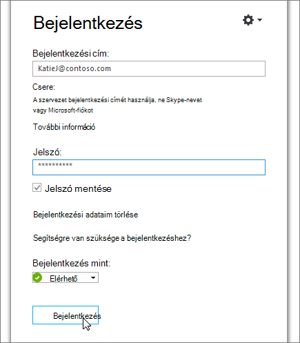 Képernyőkép, ahol megadhatja a jelszavát a Skype Vállalati verzió bejelentkezési képernyőjén.