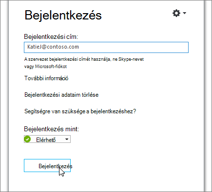 Képernyőkép a Bejelentkezés gombról a Skype Vállalati verzió bejelentkezési képernyőjén.