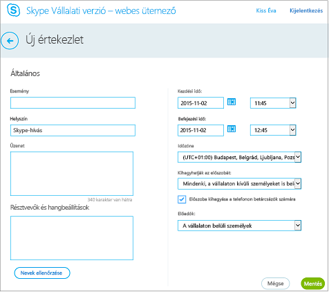 A Web Scheduler képernyője, ahol megadhatja az értekezlet adatait, és felveheti a meghívottakat