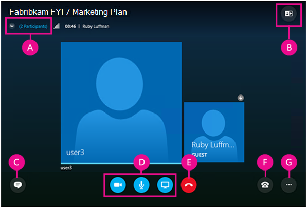 Skype Vállalati verzió Web App with each user interface element labeled