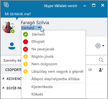 Képernyőkép a Skype Vállalati verzió ablakáról, amelyben az Állapot menü van megnyitva.
