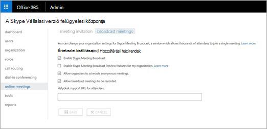 A Skype Vállalati verzió felügyeleti központja