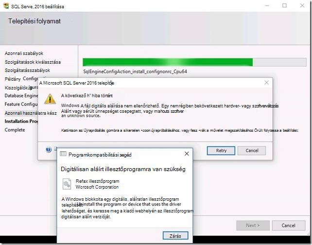 Az SQL Server 2016 telepítője digitális aláírással kapcsolatos hibát és a digitálisan aláírt illesztőprogramra vonatkozó figyelmeztetést jelez