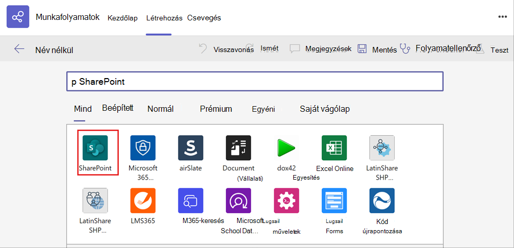 Képernyőkép a SharePoint app kiválasztásáról