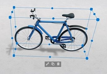3D modell kijelző egy kerékpárral szerkesztés, duplikálás és törlés ikonnal