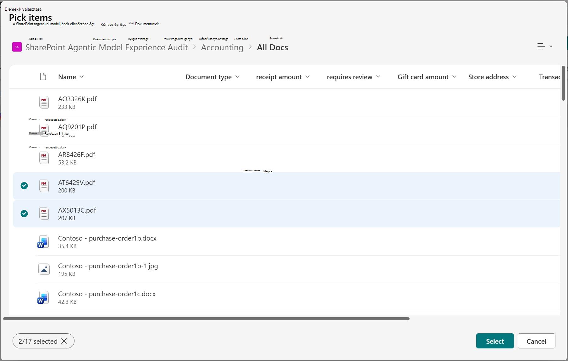 Képernyőkép a SharePoint-webhelyen belüli tartalom kijelölésére szolgáló forrásválasztóról.
