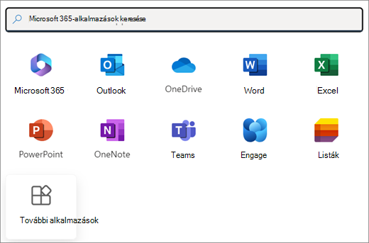 Microsoft 365-alkalmazások választéka. Az utolsó csempe a További alkalmazások.