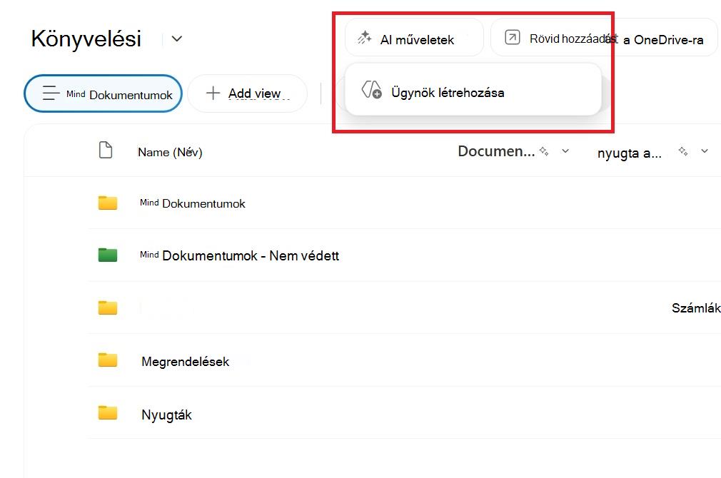 Képernyőkép az ügynök SharePoint-dokumentumtárból való létrehozására szolgáló gombról.
