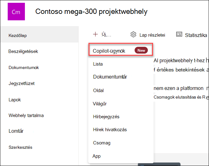 Képernyőkép új Copilot-ügynök létrehozásáról a webhely kezdőlapjáról