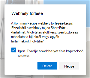 Webhely törlésének megerősítése