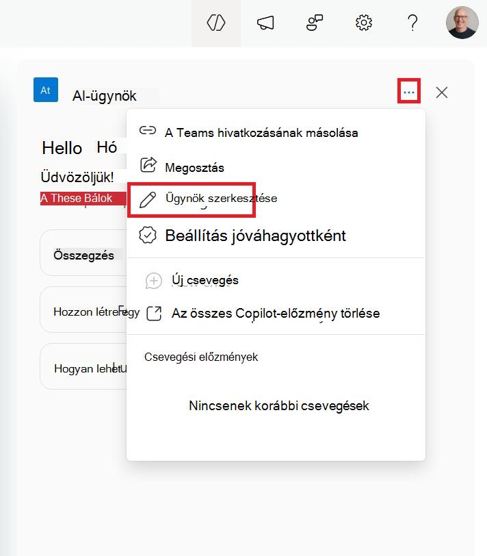 Képernyőkép a SharePoint-ügynök oldalkocsiból szerkesztésére szolgáló menüről