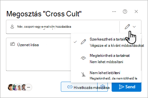 A megosztott fájlokra vonatkozó lehetőségeket megjelenítő Megosztás párbeszédpanel.