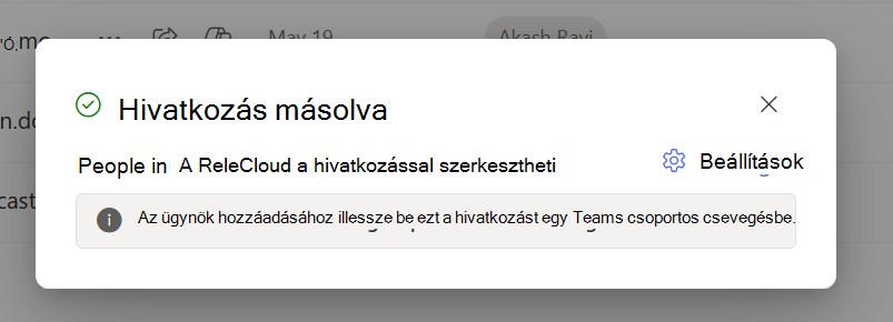 Párbeszédpanel, amely tájékoztatja a felhasználókat, hogy a vágólapjukra másoltak egy megosztási hivatkozást.