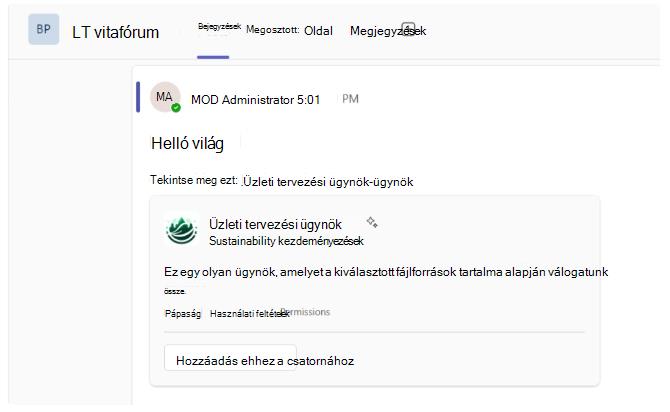 Képernyőkép a SharePoint-ügynök hivatkozásának kibontakozásáról a Teams-csatornákban