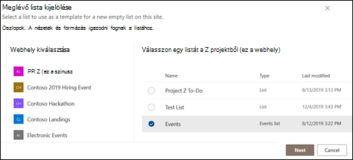 Meglévő lista kijelölése