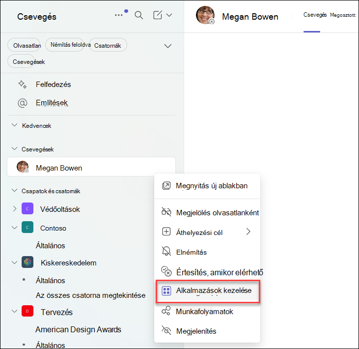 Képernyőkép az alkalmazások kezeléséről egy Teams-csevegésben