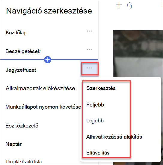 a navigációs helyi menü képernyőképe