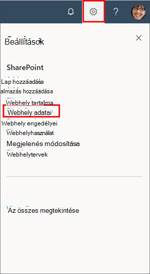 A beállítások panel képe kiemelt webhelyinformációkkal