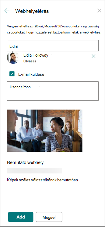 Személy felvétele kommunikációs webhelyre a Webhely megosztása panelen