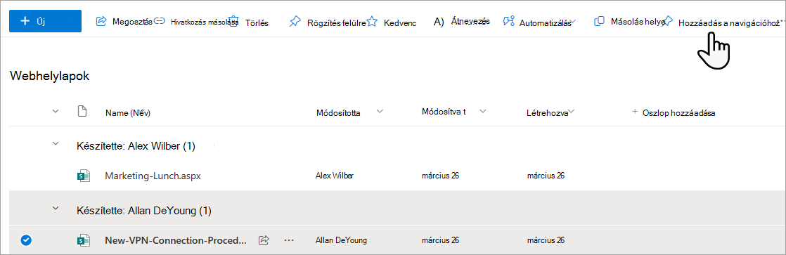 Oldal hozzáadása a menühöz a Webhelylapok területről.